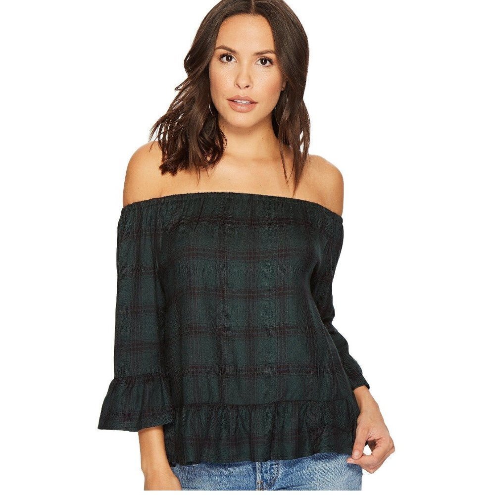 BB Dakota Laurian Plaid Off The Shoulder Top Green